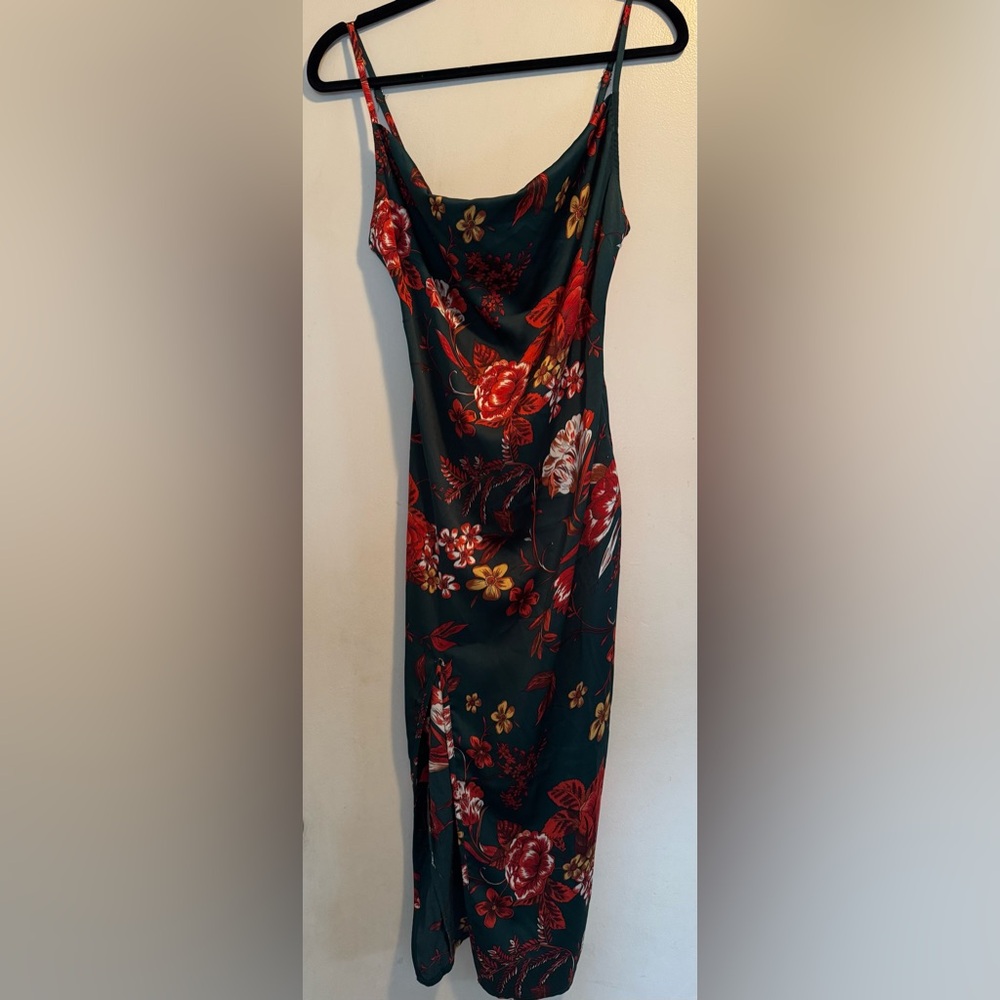 PrettyLittleThing Dark Green Slip Midi Dress with Red Floral Print